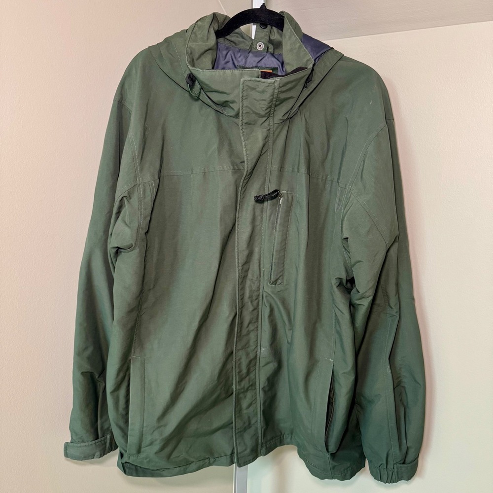 LL‎ Bean Mens XL Regular Green Hooded Rain Jacket Nylon Windbreaker